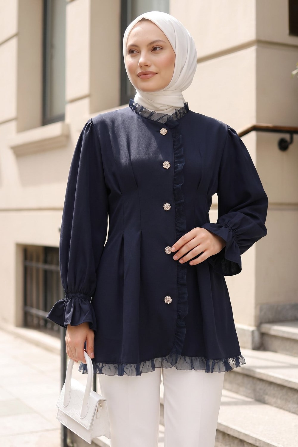 Tül Detaylı Tunik Y0078 - Lacivert