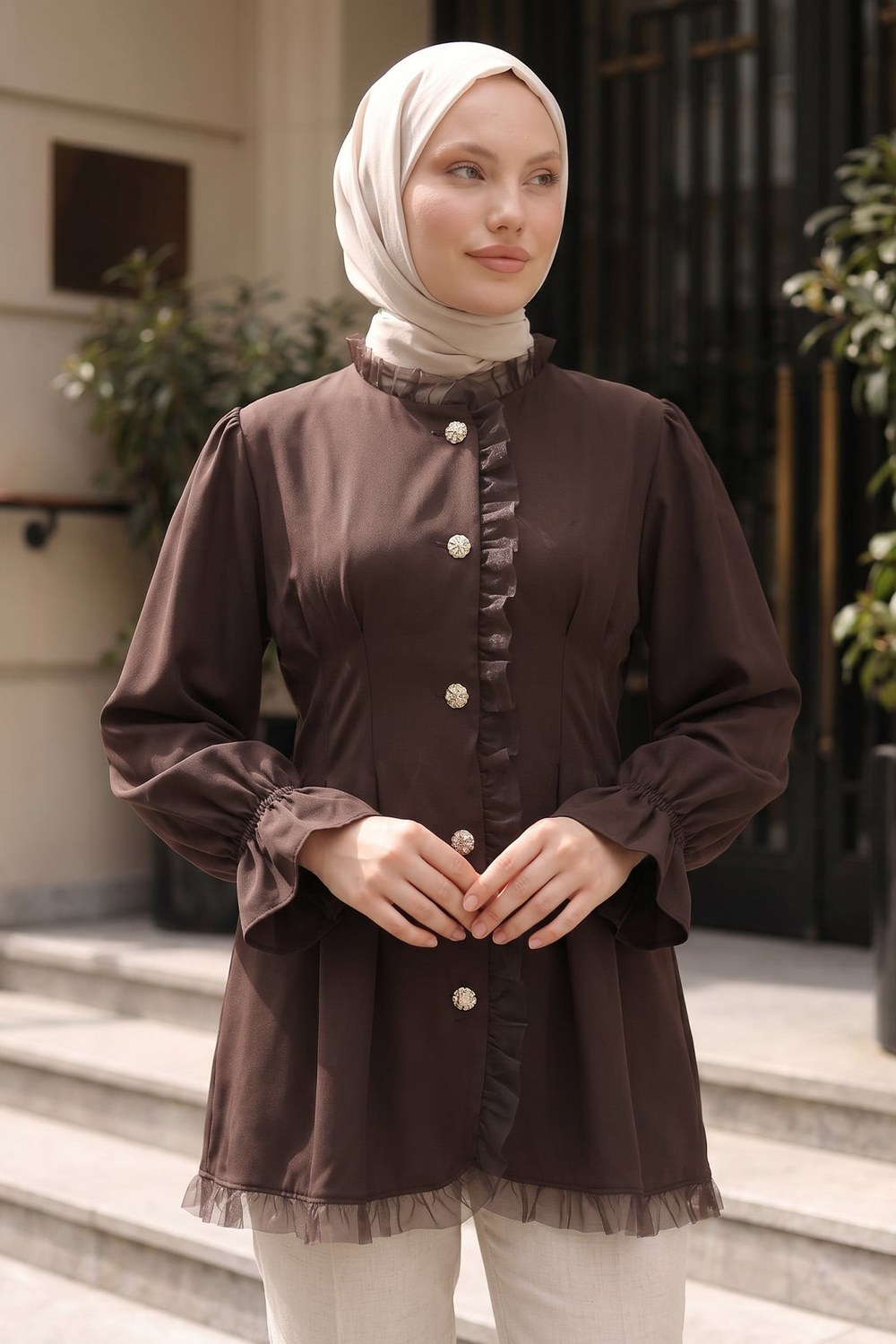Tül Detaylı Tunik Y0078 - Kahve