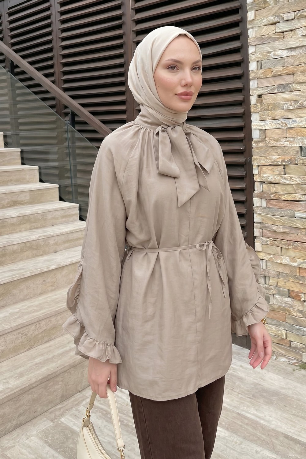 Yaka Bağlamalı Tunik Y0059 - Taş Rengi