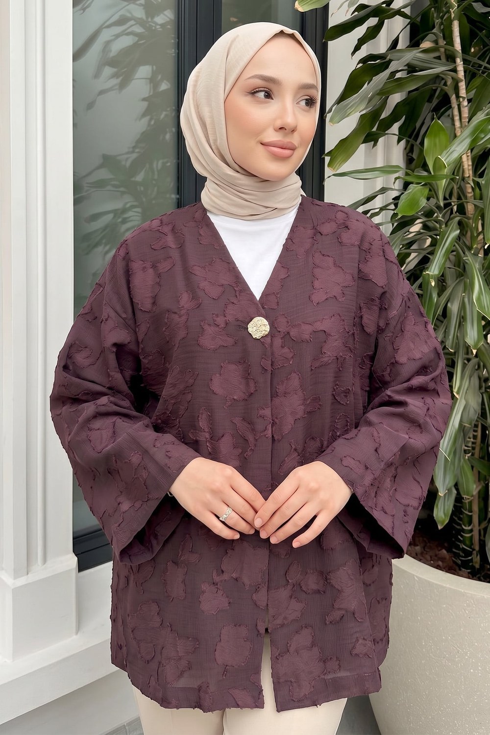 Jakar Detaylı Kimono Y0111 - Mürdüm