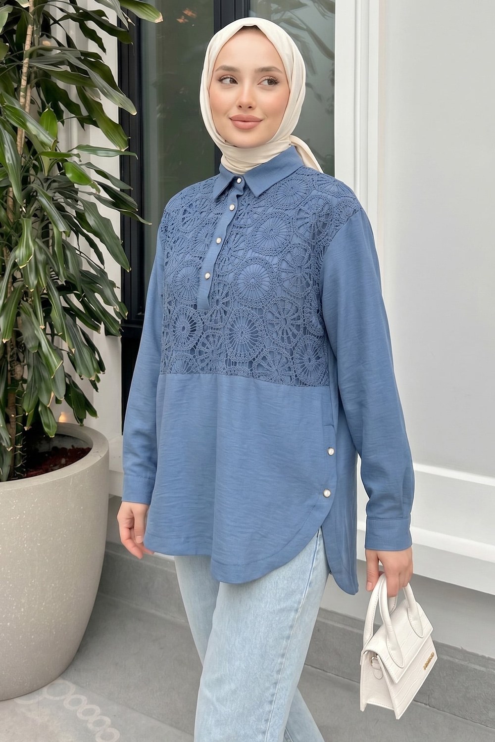 Önü Dantel Detaylı Tunik 61640 - İndigo