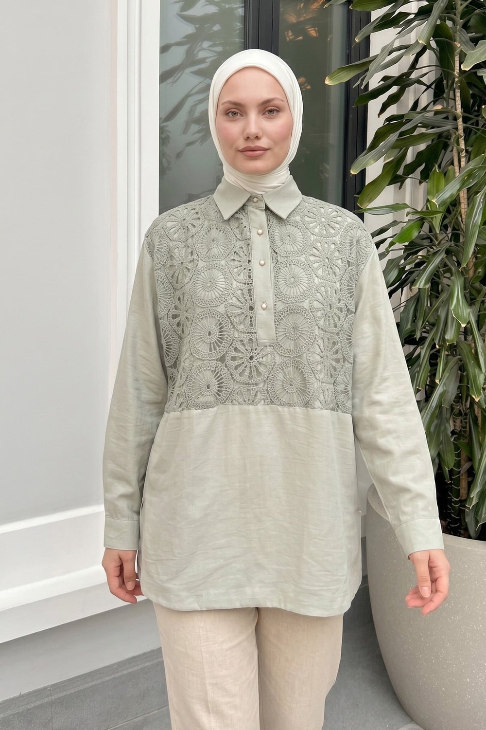 Önü Dantel Detaylı Tunik 61640 - Mint Yeşili
