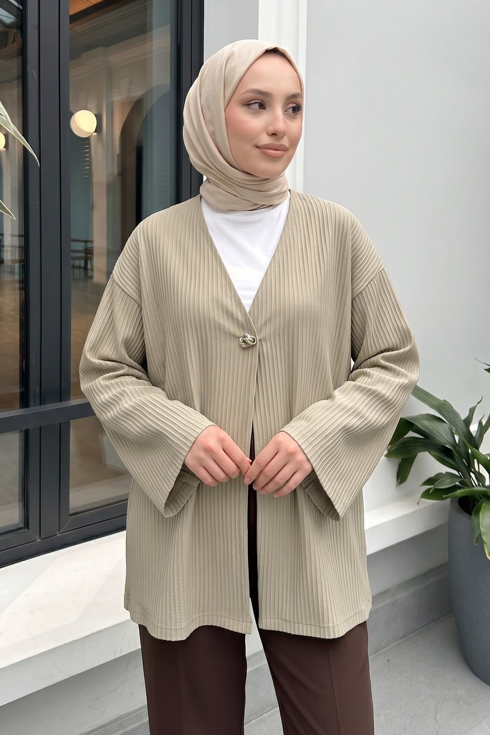 Tek Düğmeli Kimono Y0130 - Açık Haki