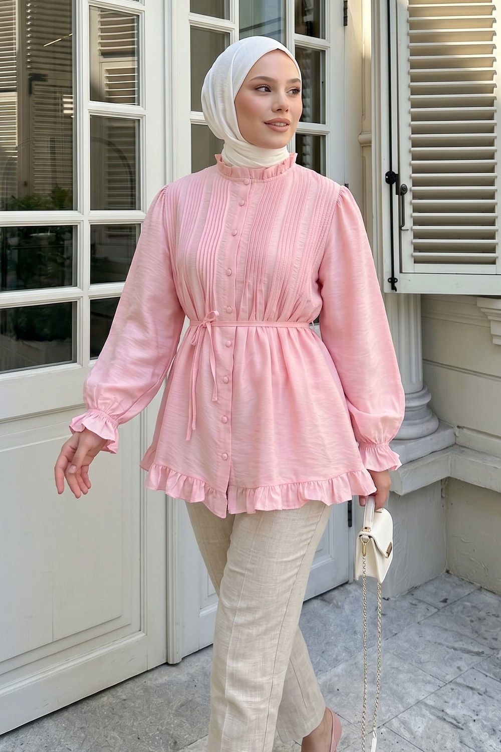 Yaka Nervürlü Gömlek Y0109 - Pembe