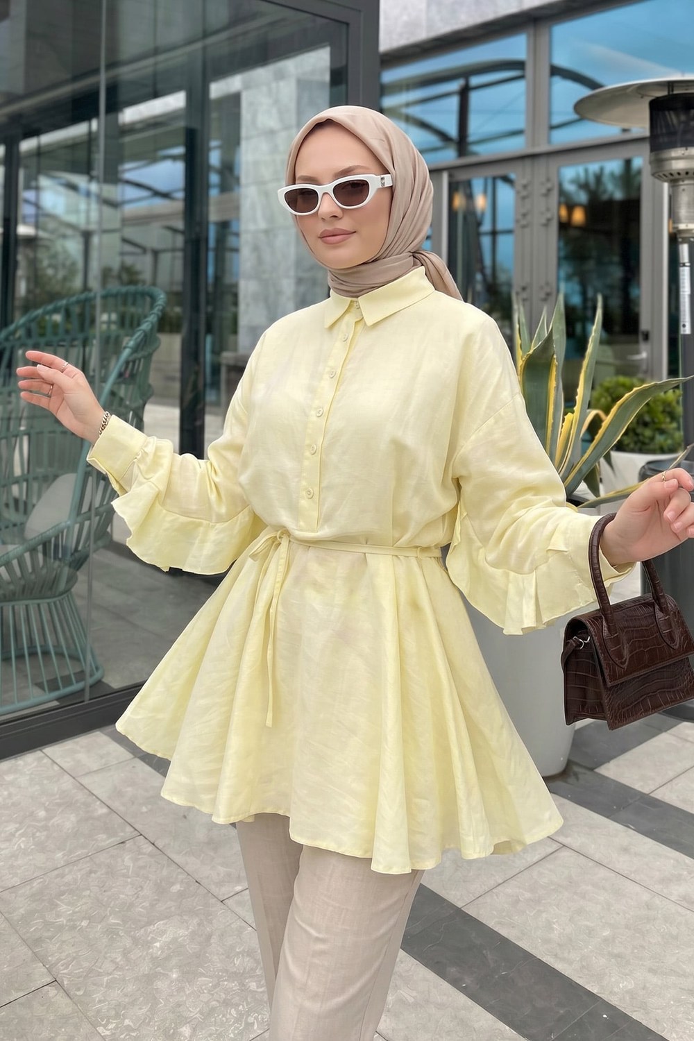 Volan Detaylı Bağcıklı Tunik Y0136 - Sarı