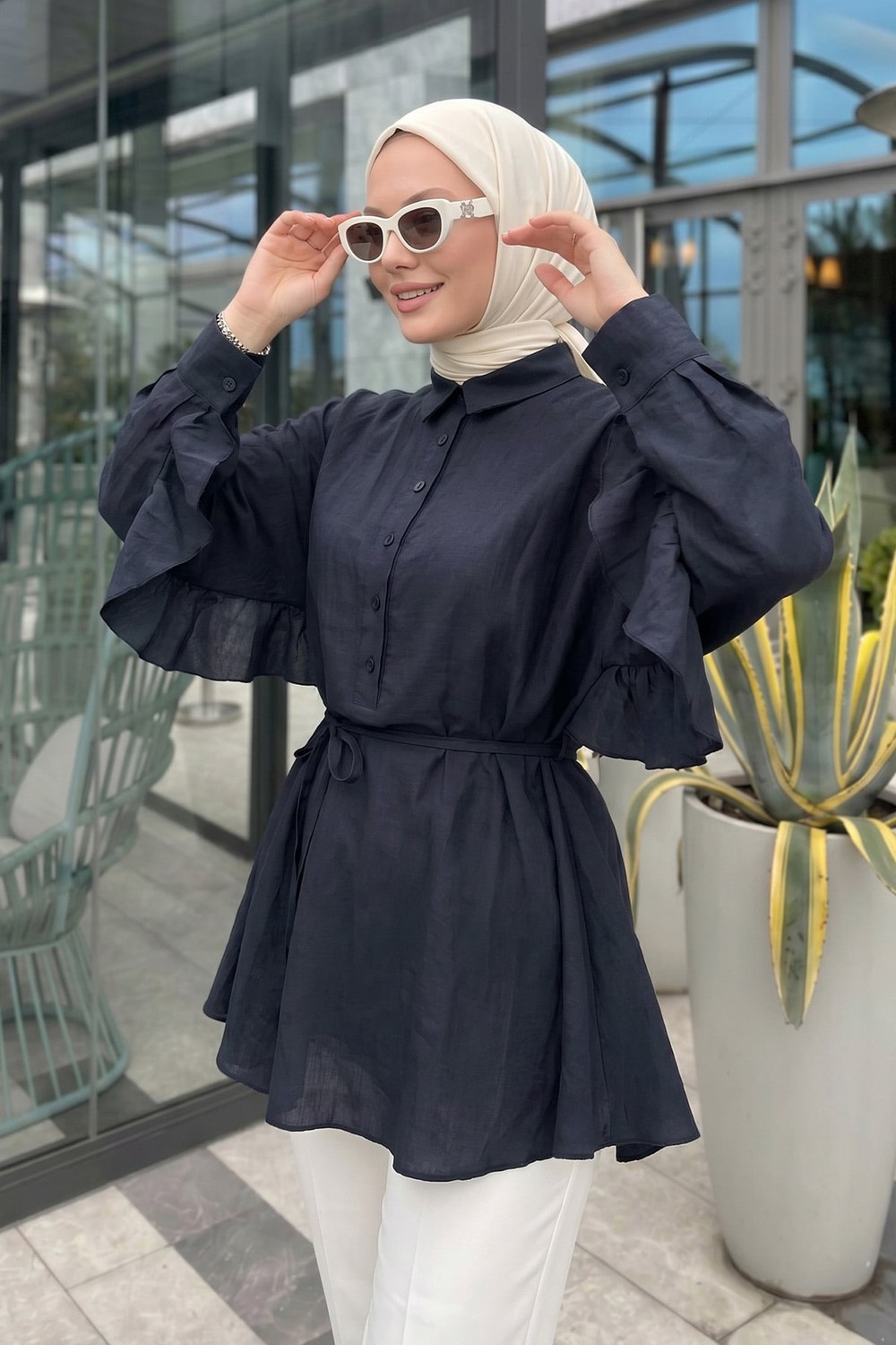 Volan Detaylı Bağcıklı Tunik Y0136 - Lacivert