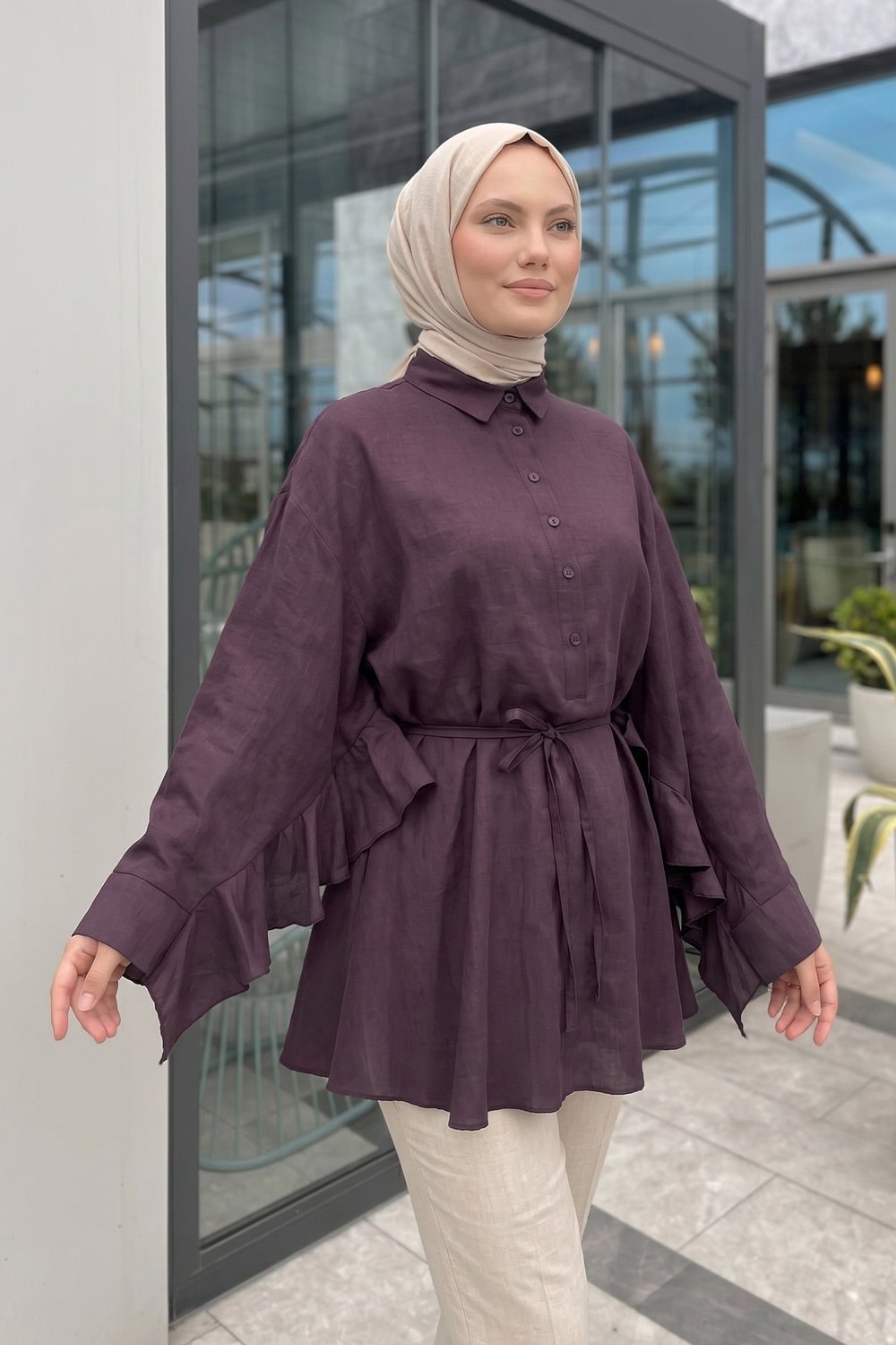Volan Detaylı Bağcıklı Tunik Y0136 - Mürdüm