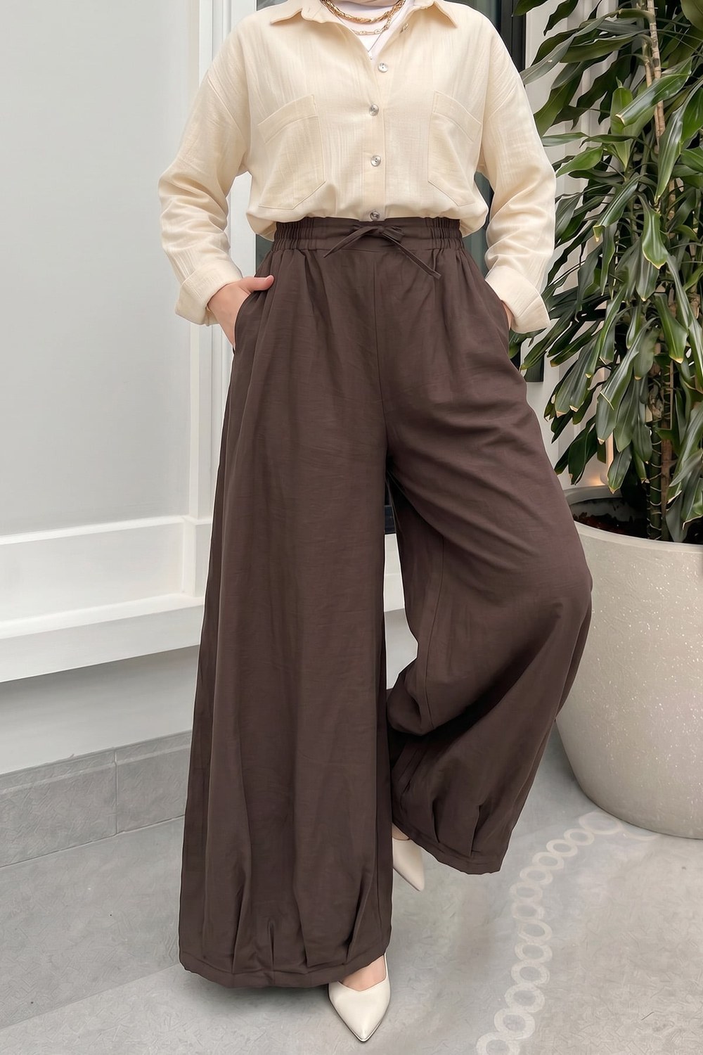 Geniş Paça Şalvar Pantolon Y0145 - Kahverengi