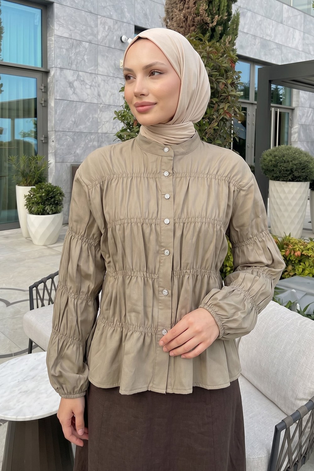 Gipe Detaylı Gömlek Y0146 - Açık Haki