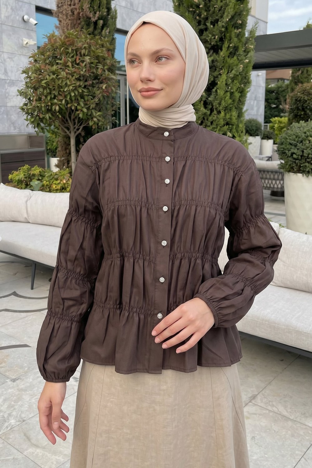 Gipe Detaylı Gömlek Y0146 - Kahverengi