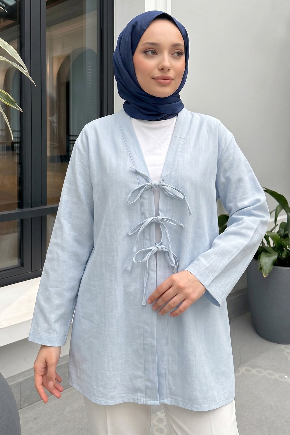 Üç Bağcıklı Tesettür Kimono 2339 - Bebe Mavisi