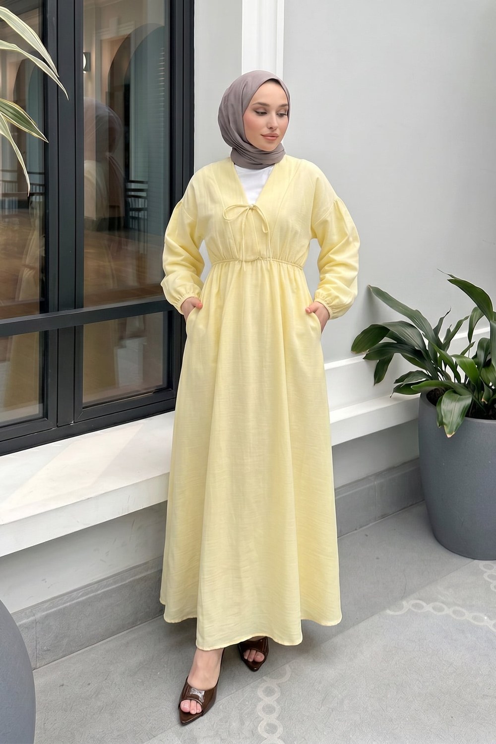 V Yaka Keten Elbise 3071 - Sarı