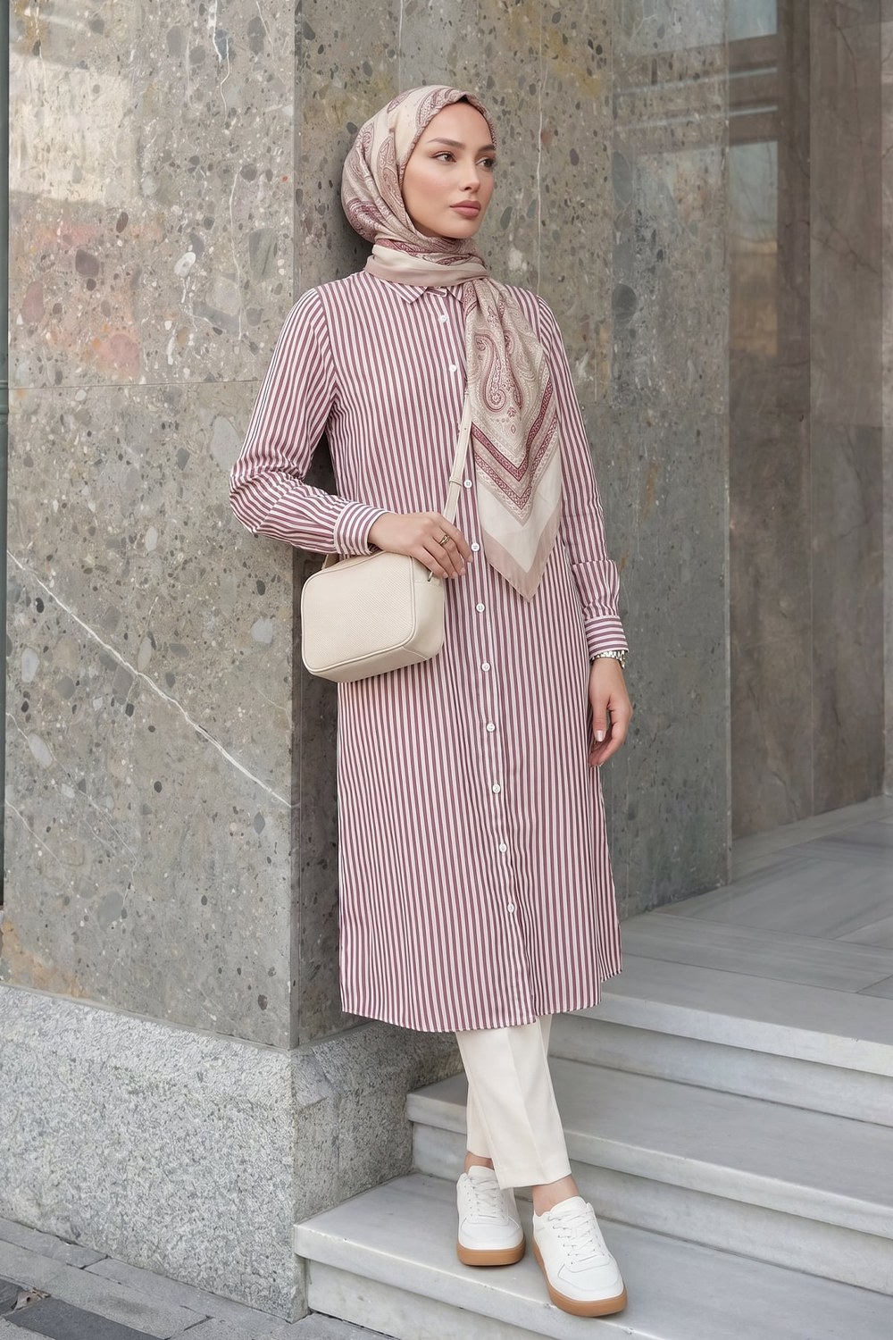 Çizgili Uzun Tunik 3125 - Bordo