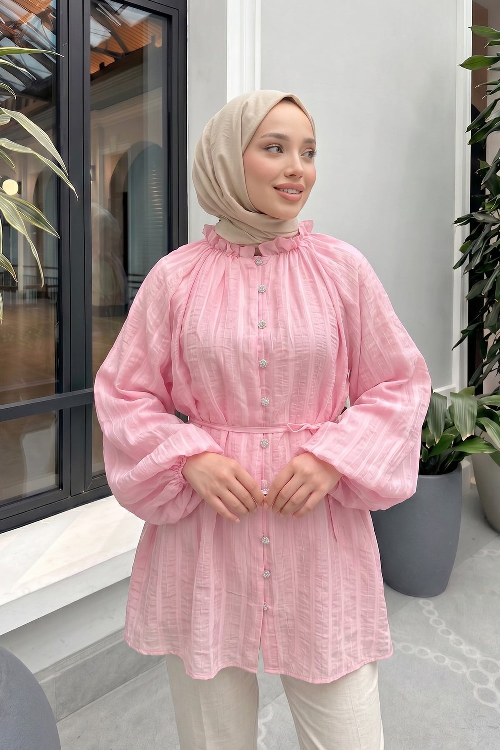 Birit Detaylı Gömlek Y0122 - Pembe