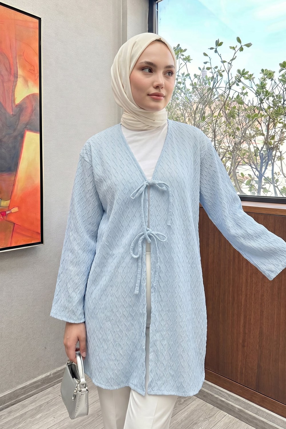 Desenli Uzun Kimono 2374 - Bebe Mavisi