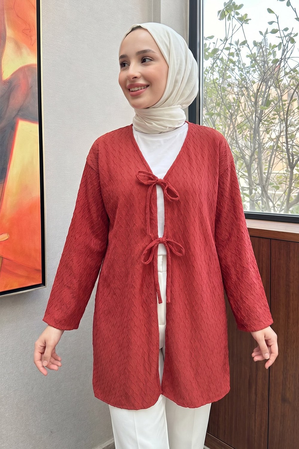 Desenli Uzun Kimono 2374 - Kırmızı