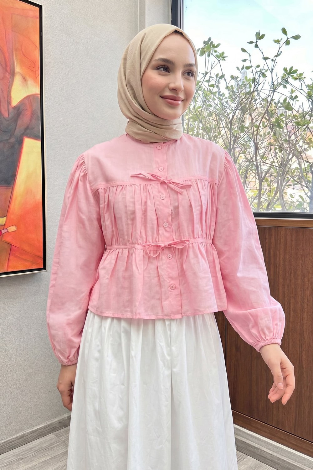 Çift Bağcıklı Büzgülü Gömlek Y0099 - Açık Pembe