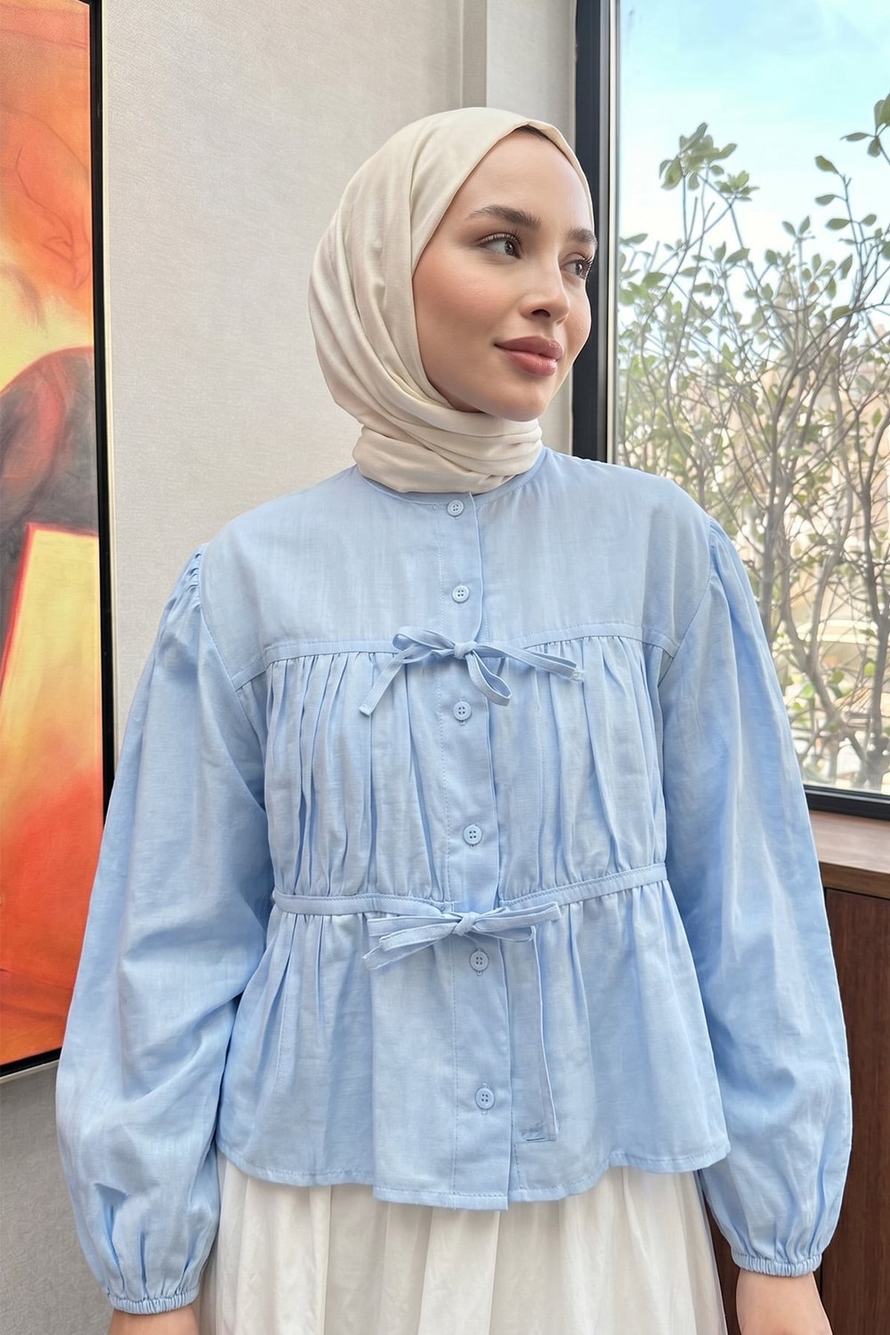 Çift Bağcıklı Büzgülü Gömlek Y0099 - Bebe Mavisi