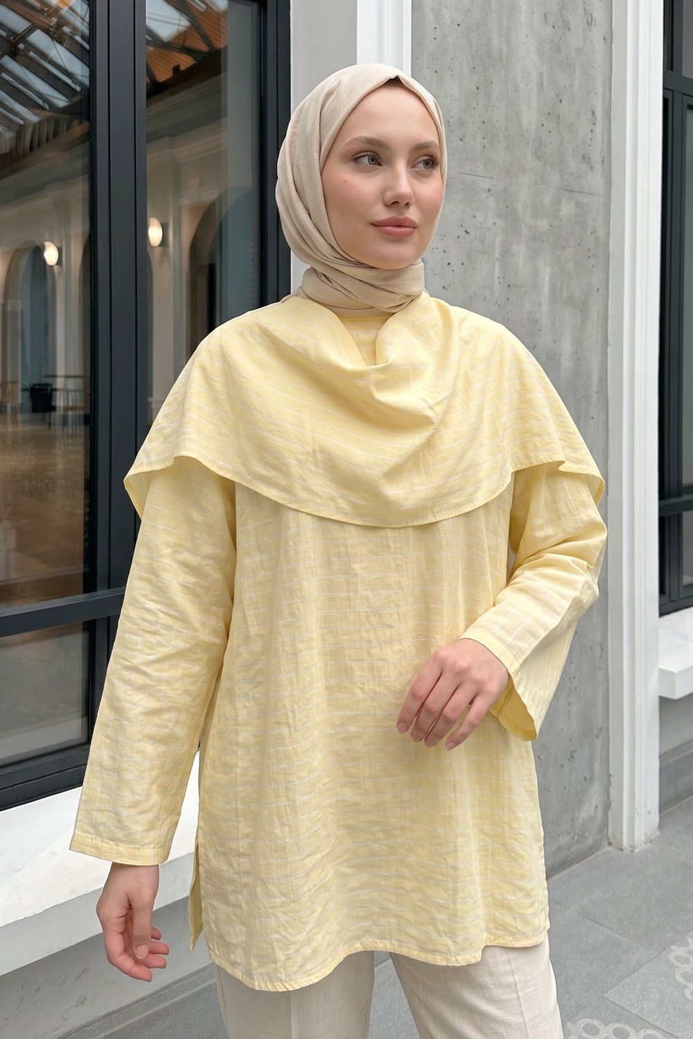 Şal Detaylı Çizgili Tunik Y0153 - Tereyağ Sarısı