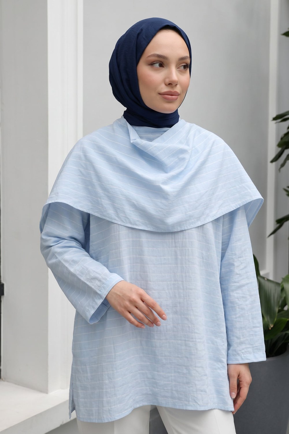 Şal Detaylı Çizgili Tunik Y0153 - Bebe Mavisi