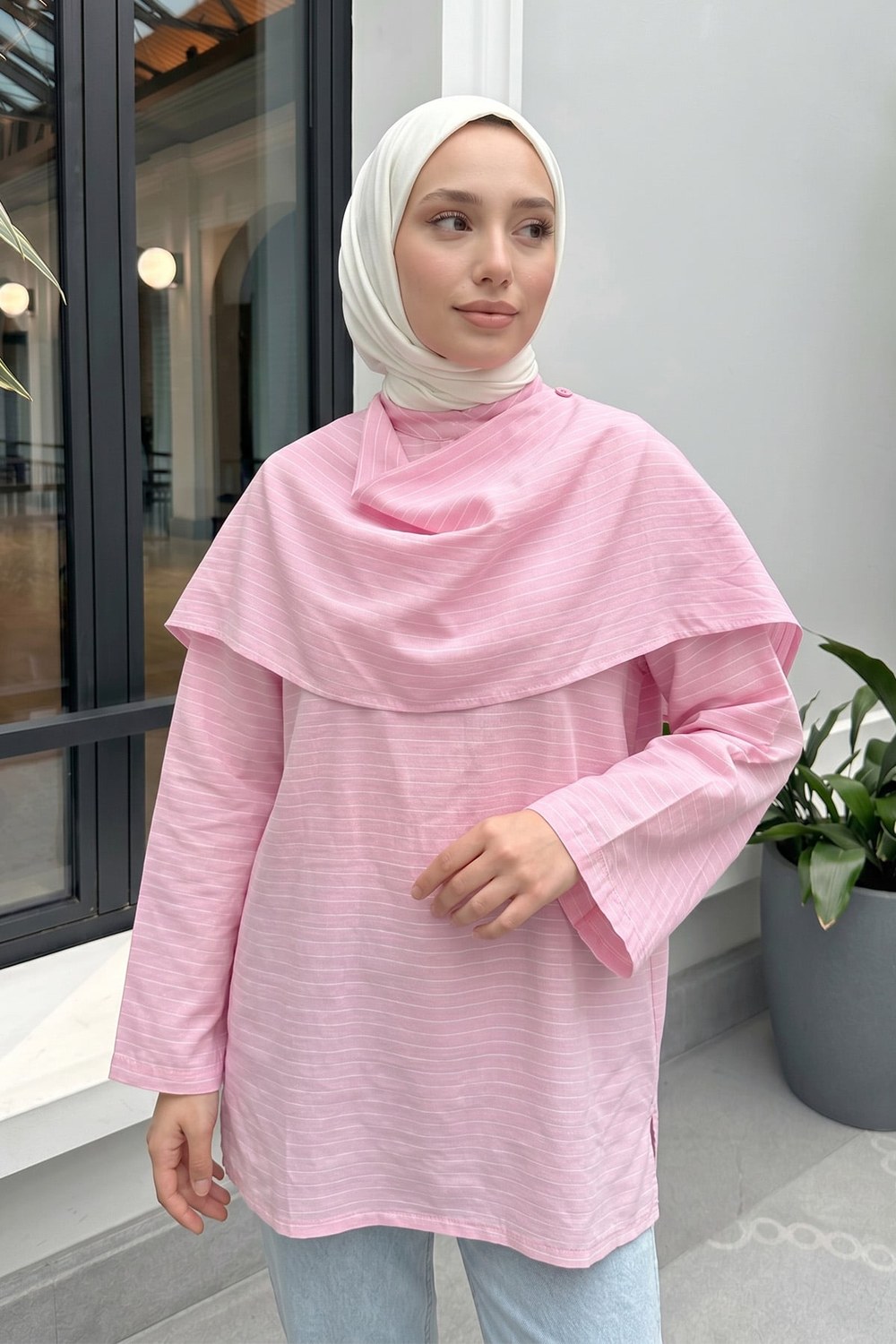 Şal Detaylı Çizgili Tunik Y0153 - Açık Pembe