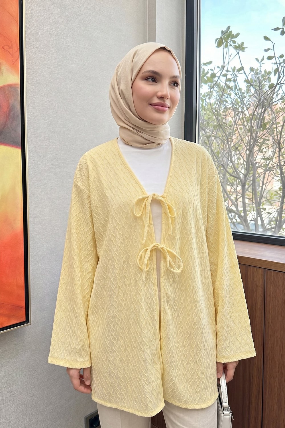 Desenli Uzun Kimono 2374 - Sarı