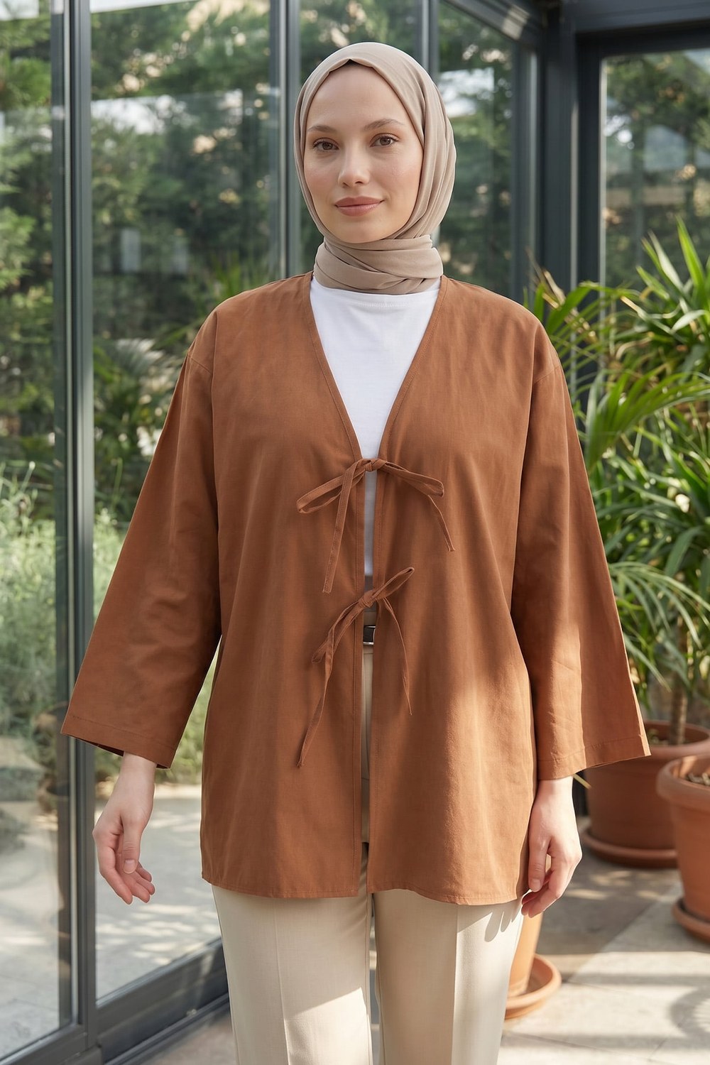 Çift Bağcıklı Uzun Kimono 262353 - Tarçın