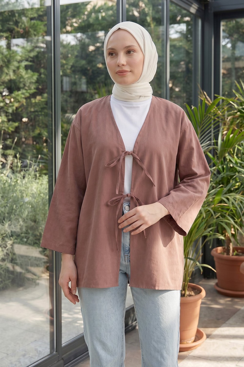 Çift Bağcıklı Uzun Kimono 262353 - Gül Kurusu