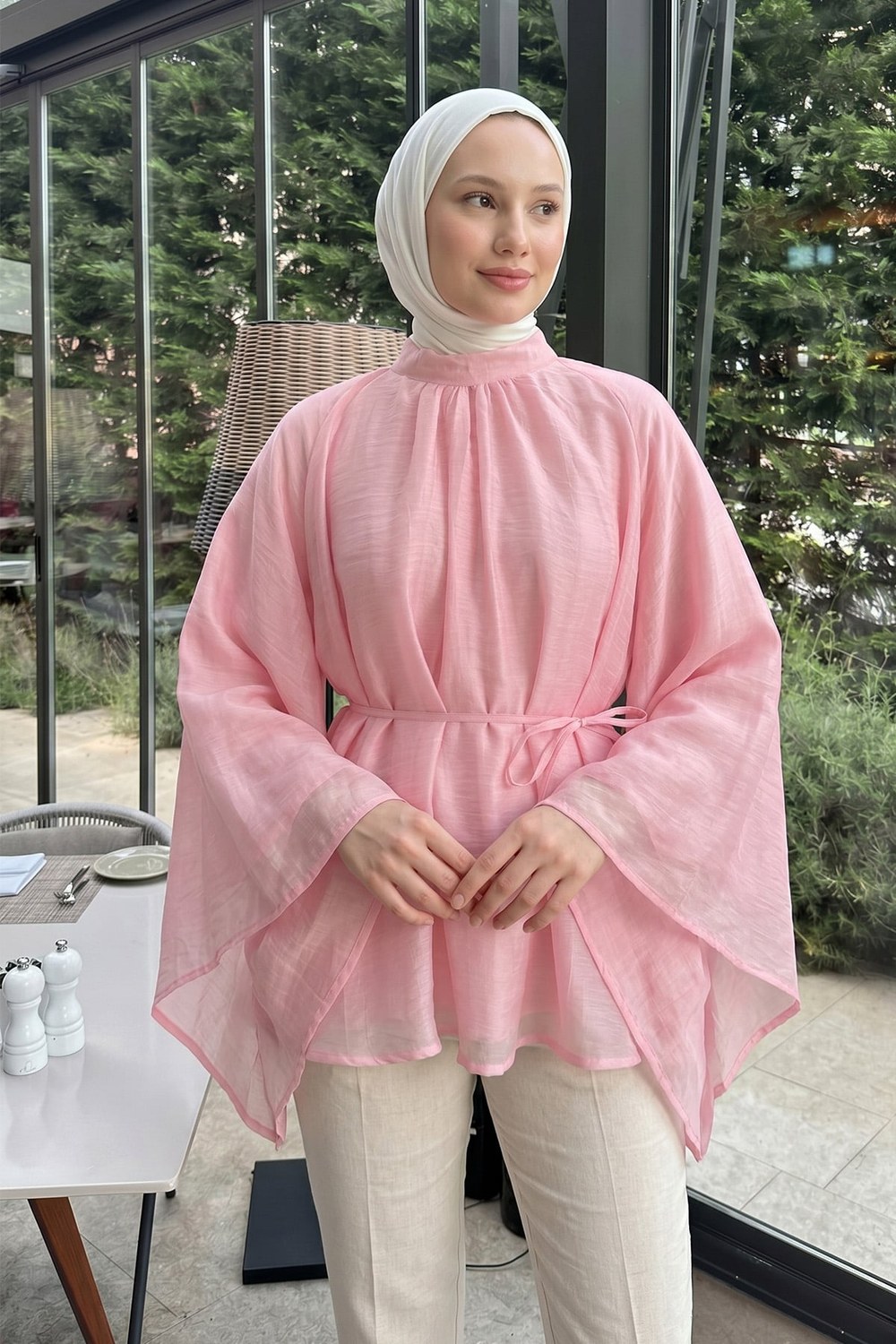 Büzgülü Reglan Kol Tunik Y0150 - Pembe