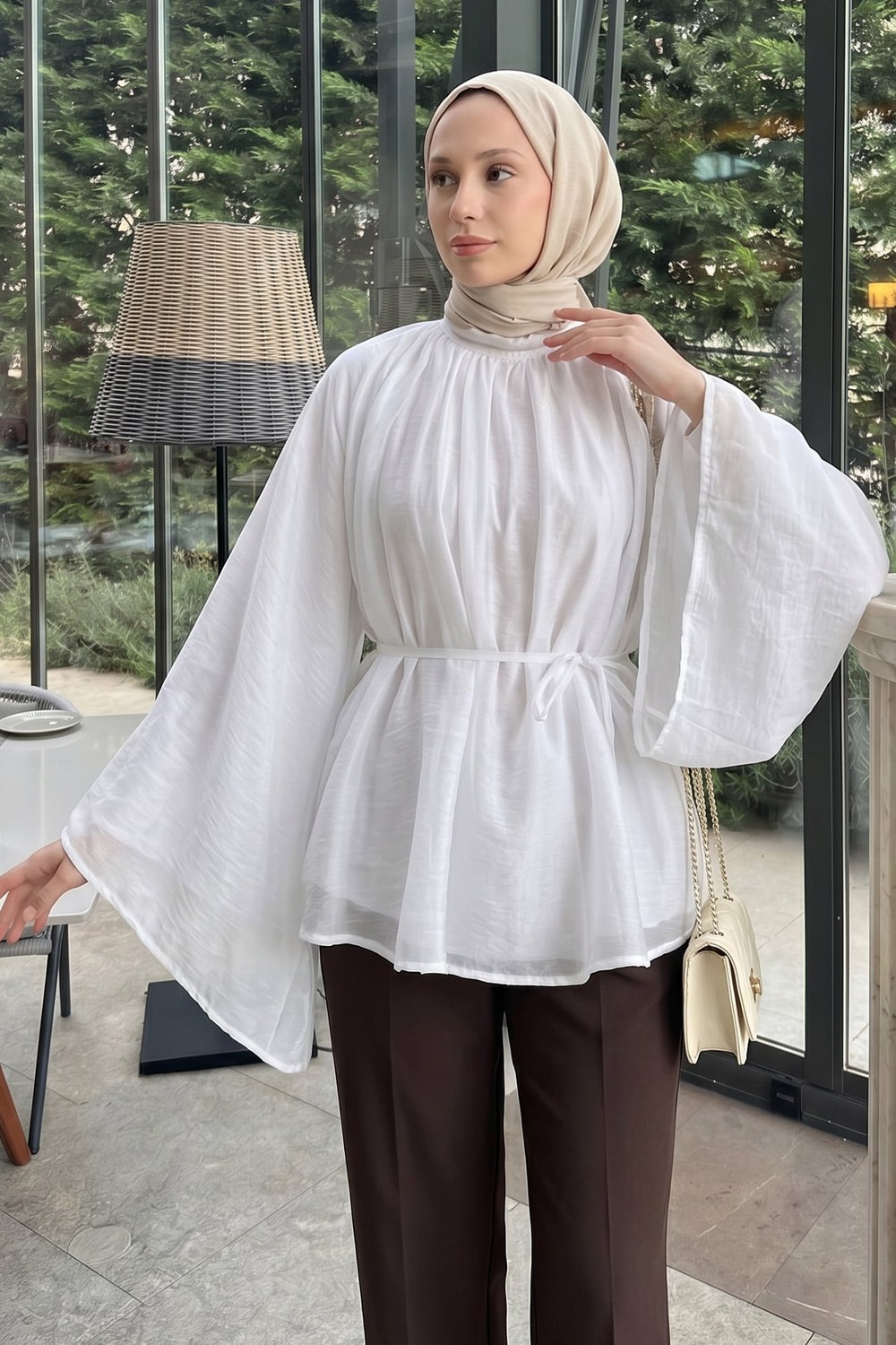 Büzgülü Reglan Kol Tunik Y0150 - Beyaz