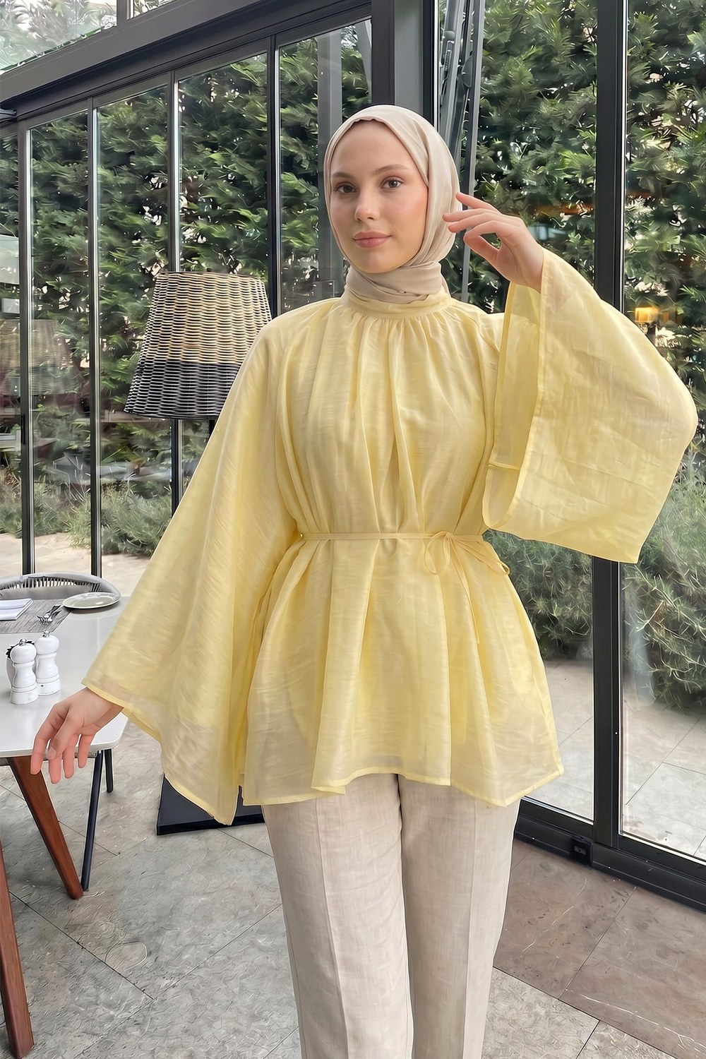 Büzgülü Reglan Kol Tunik Y0150 - Sarı