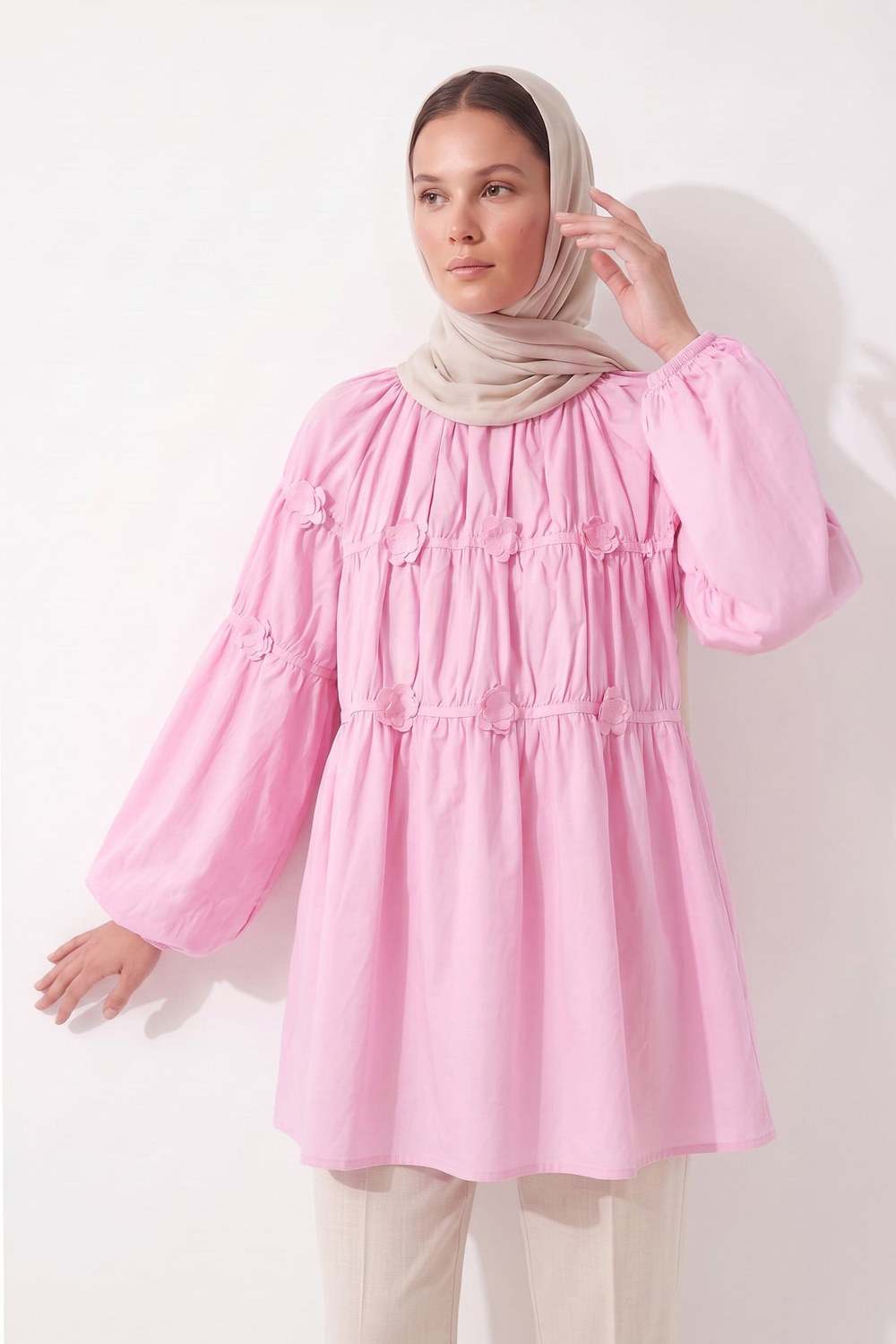 Çiçekli Büzgülü Tunik 5501 - Açık Pembe