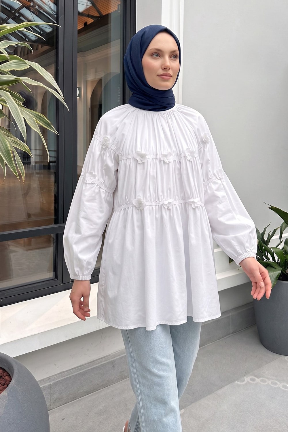 Çiçekli Büzgülü Tunik 5501 - Beyaz