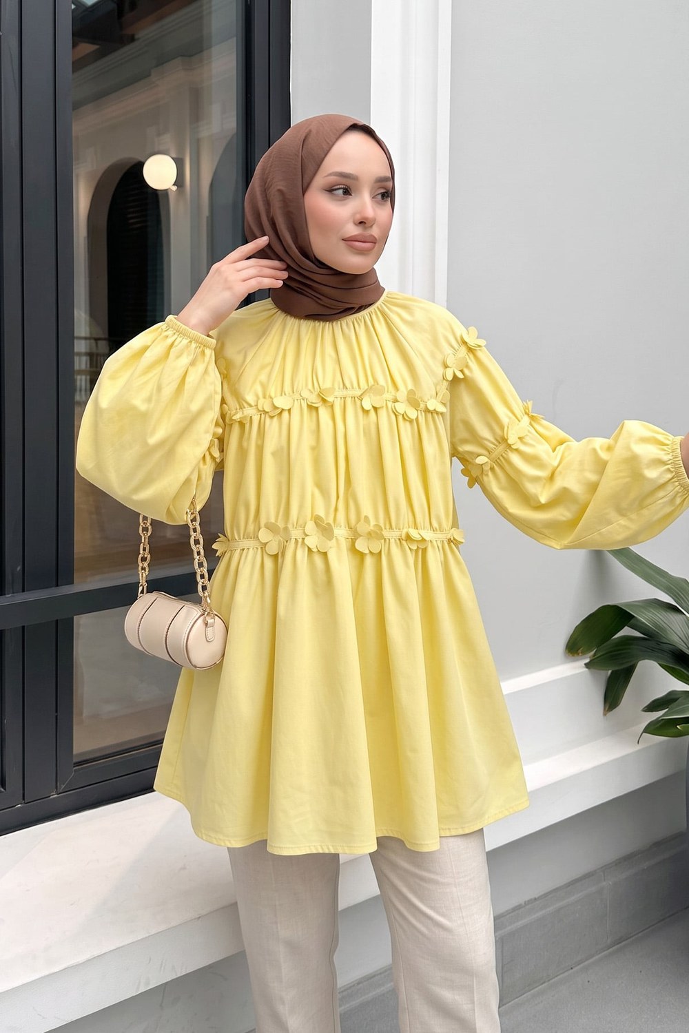 Çiçekli Büzgülü Tunik 5501 - Sarı