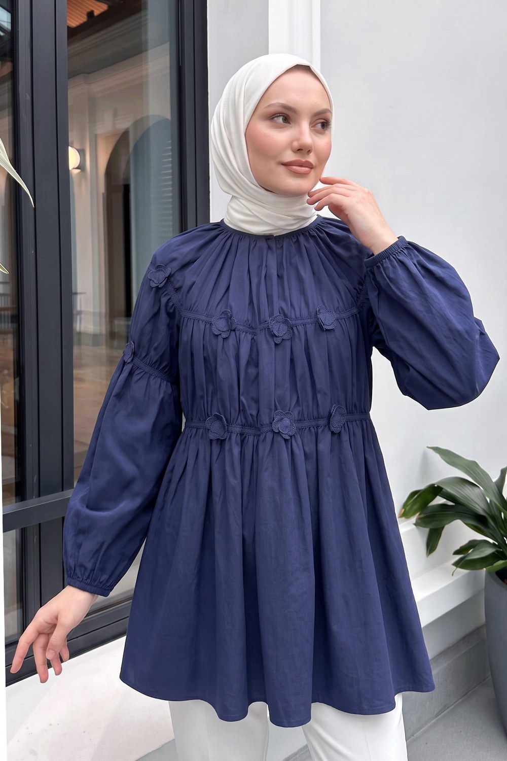 Çiçekli Büzgülü Tunik 5501 - Lacivert