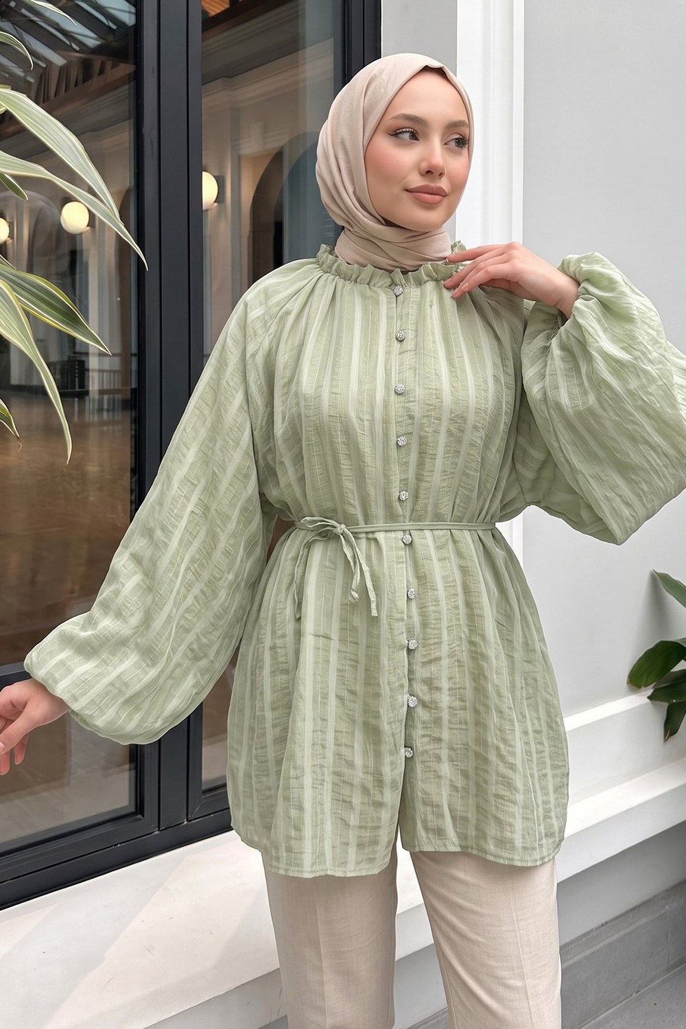 Birit Detaylı Gömlek Y0122 - Mint Yeşili