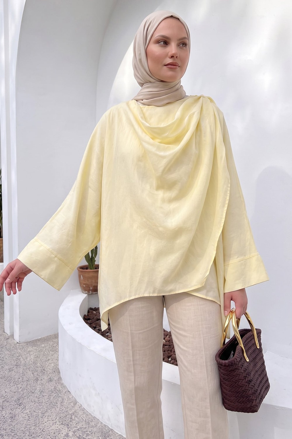 Omuz Şal Detaylı Tunik Y0156 - Açık Sarı
