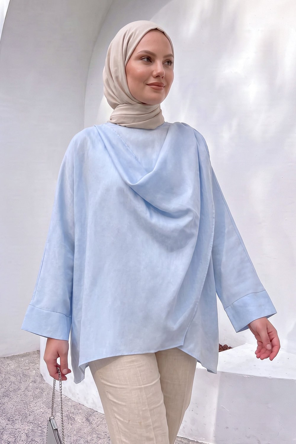 Omuz Şal Detaylı Tunik Y0156 - Bebe Mavisi