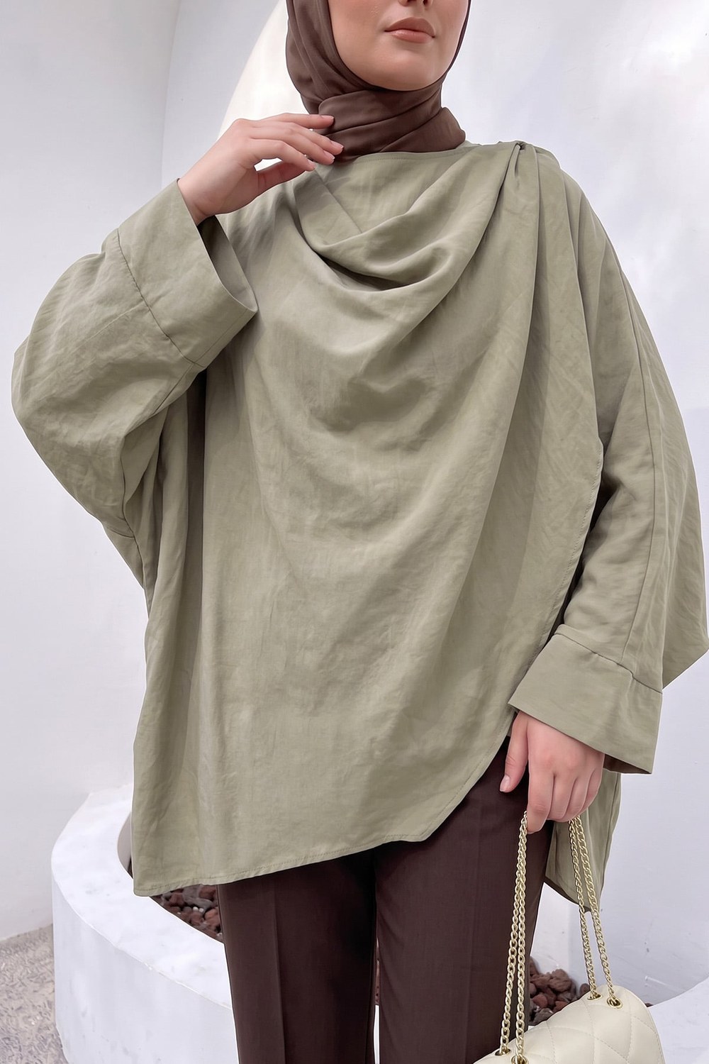 Omuz Şal Detaylı Tunik Y0156 - Açık Haki