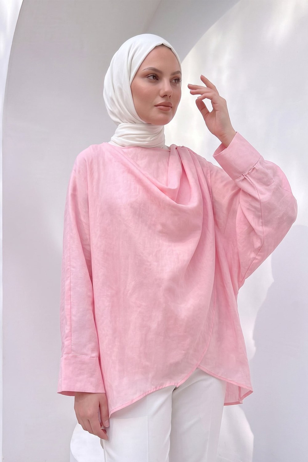 Omuz Şal Detaylı Tunik Y0156 - Açık Pembe