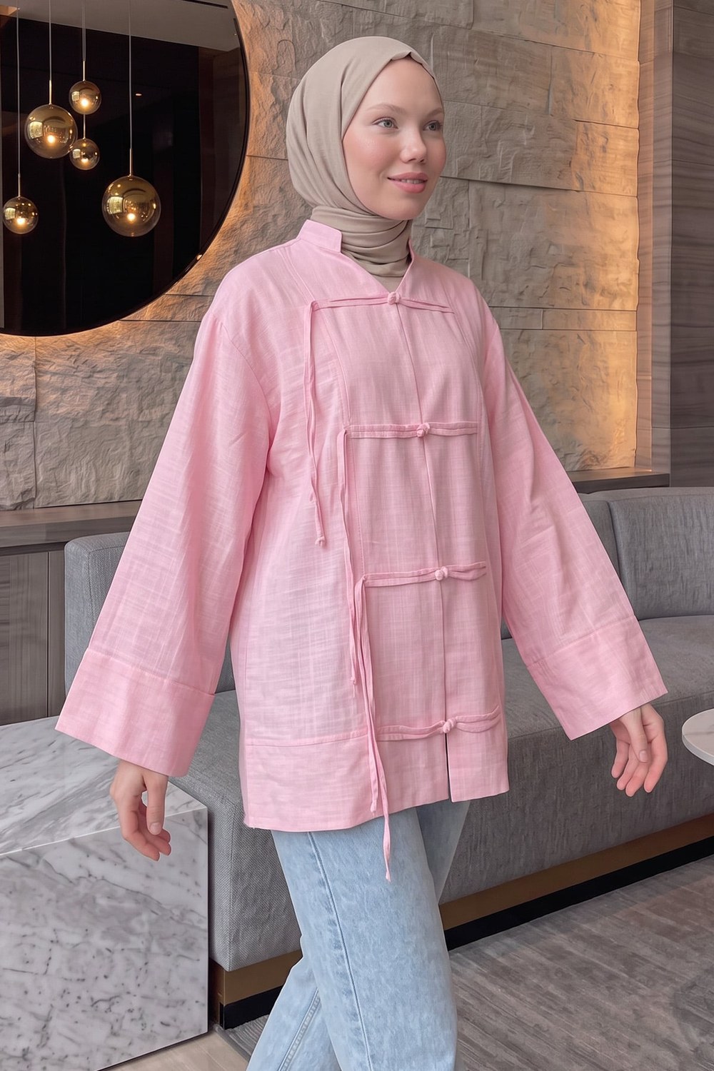 Çin Düğmeli Tunik Y0158 - Pembe