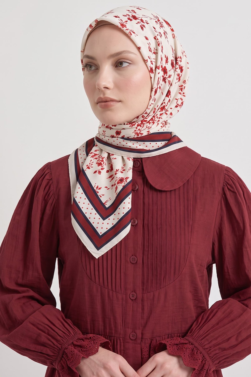 Desenli Naida Eşarp 8039 - Bordo Ekru