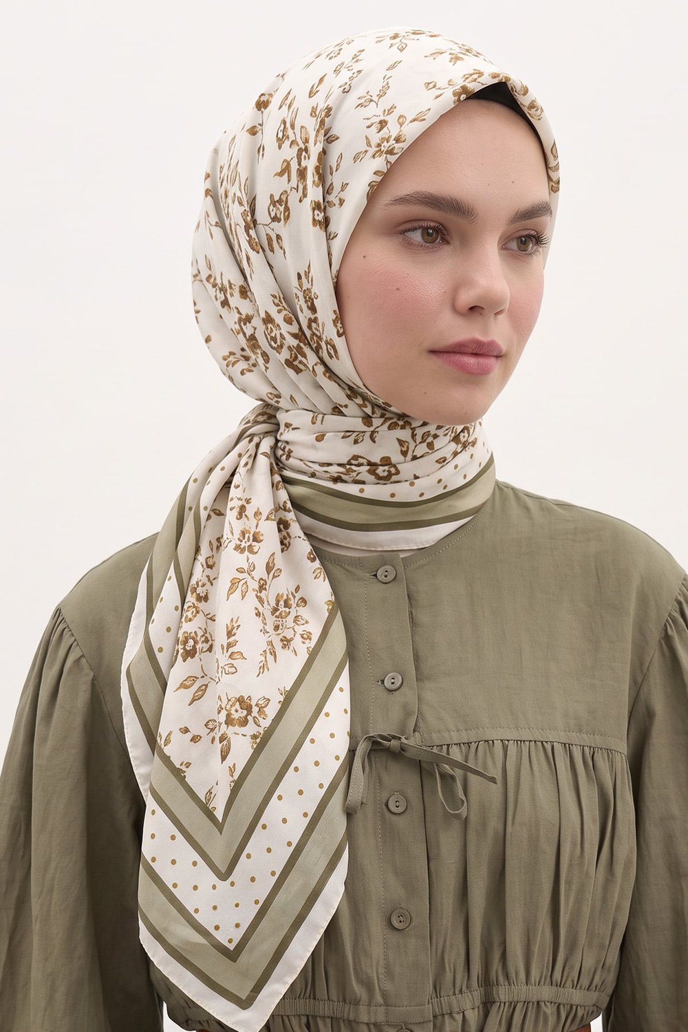 Desenli Naida Eşarp 8039 - Haki Ekru