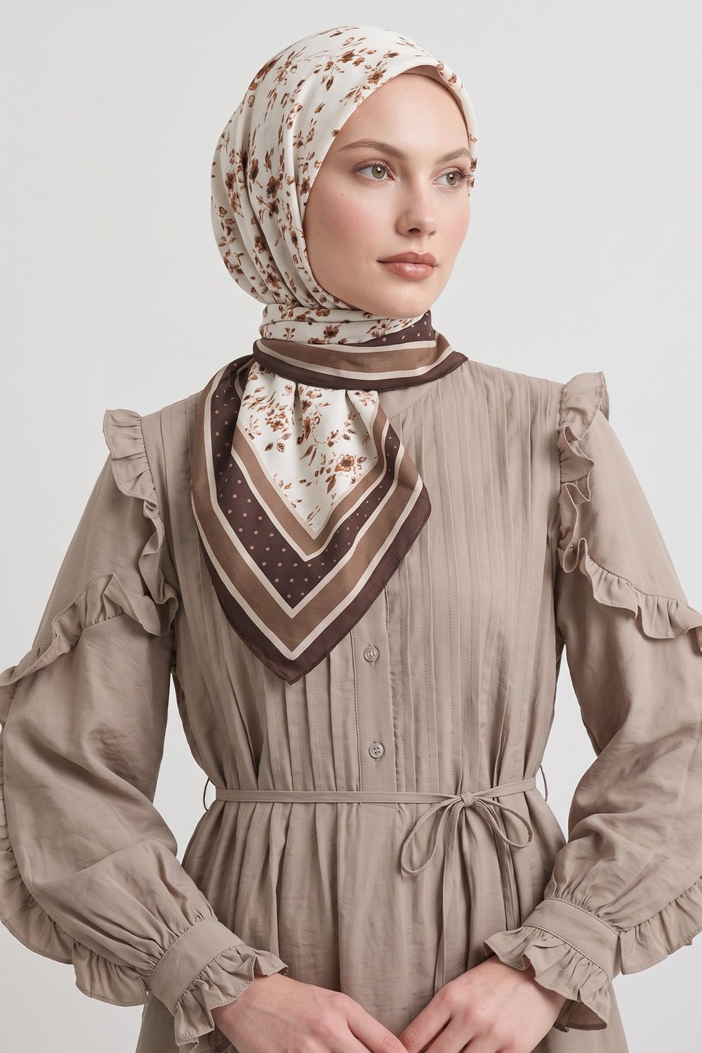 Desenli Naida Eşarp 8039 - Kahve Ekru