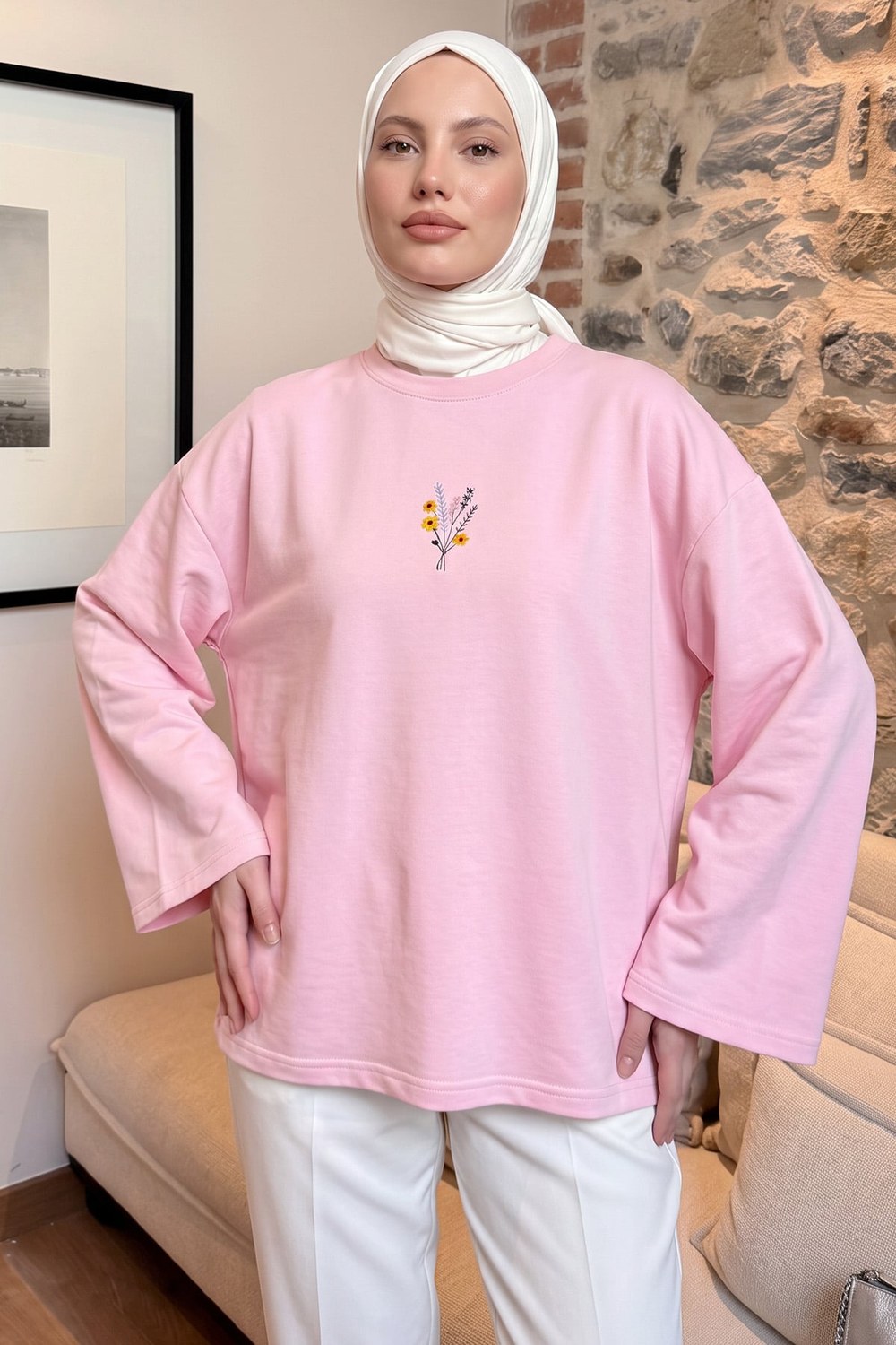 Çiçek Nakışlı Penye Bluz 13137 - Açık Pembe