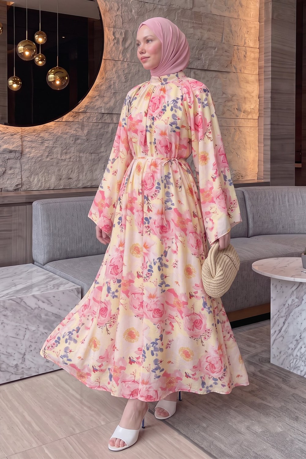 Çiçek Desenli Elbise Y0165 - Pudra
