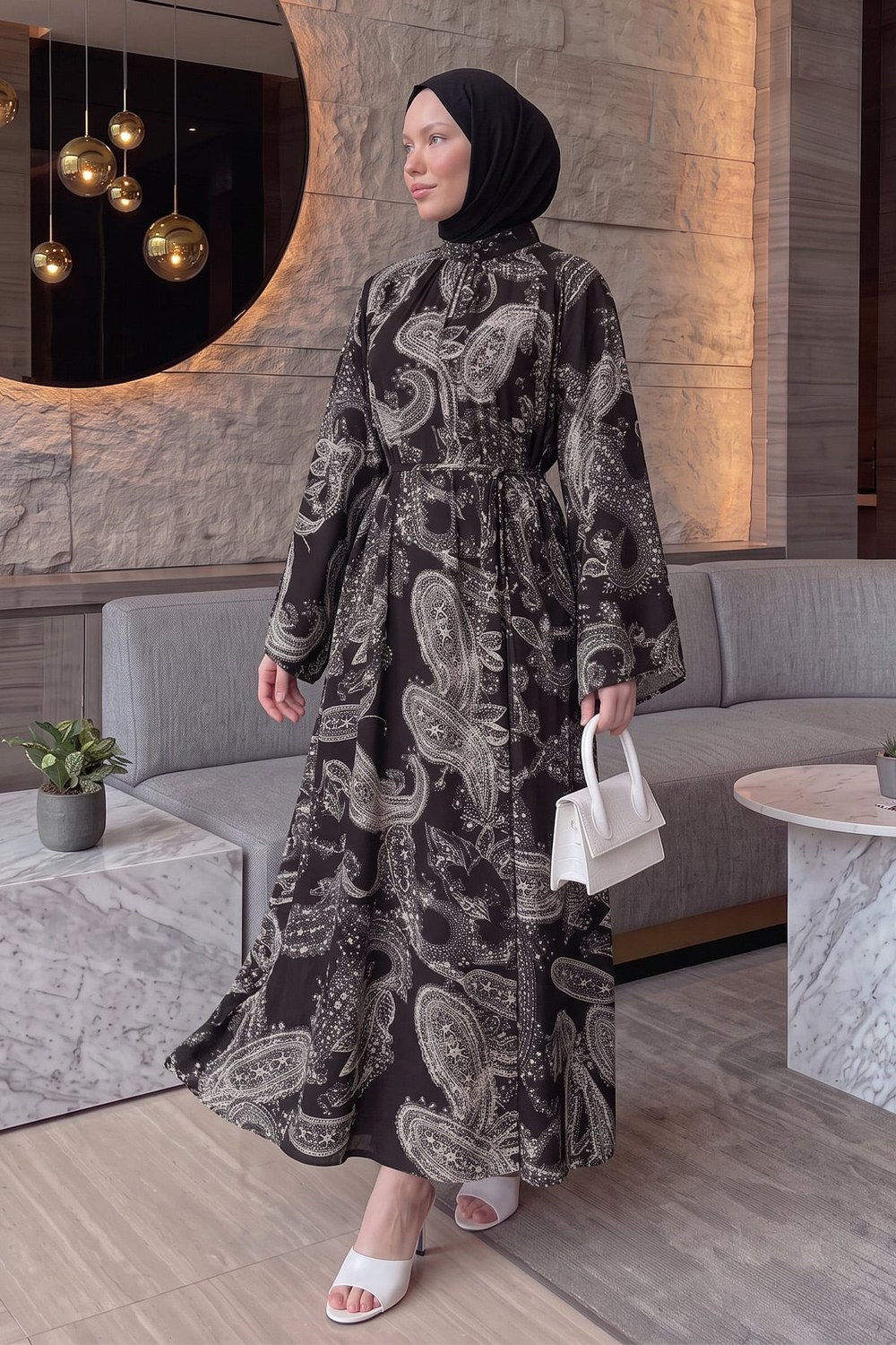 Buta Desenli Elbise Y0165 - Koyu Kahve