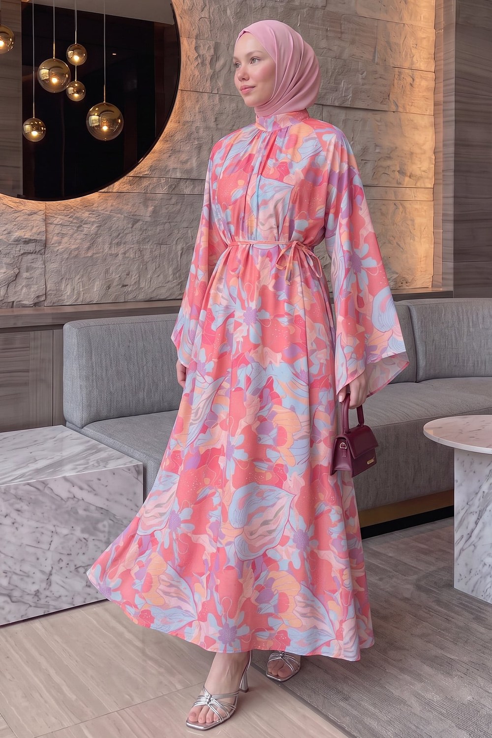 Çiçek Desenli Elbise Y0165 - Pembe