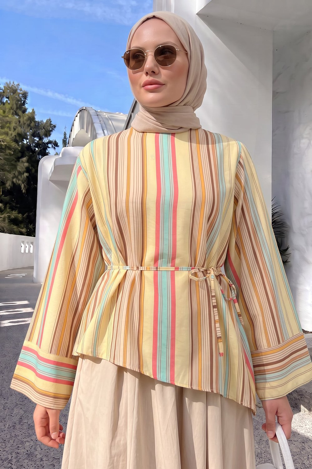 Çizgili Asimetrik Bluz Y0166 - Sarı