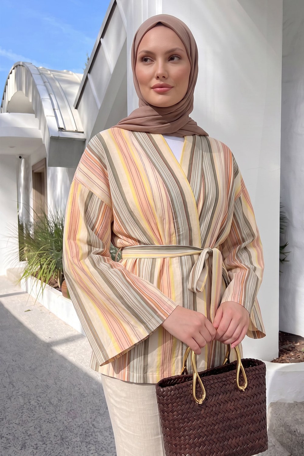 Çizgili Kimono Y0167 - Haki